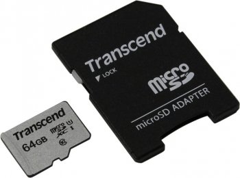 Карта памяти Transcend <TS64GUSD300S-A> microSDXC Memory Card 64Gb UHS-I U1 + microSD-->SD Adapter