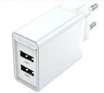 Зарядка USB-устройств Vention <FBAW0-EU> USB (Вх. AC100-240V, Вых.DC5/9/12V, 18W, 2xUSB)