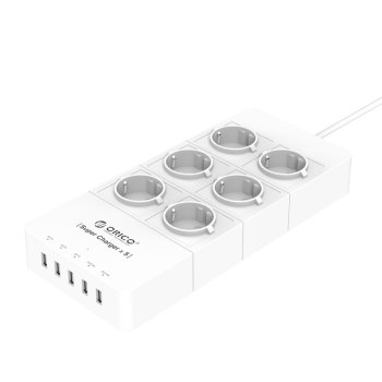 Сетевой фильтр Orico <HPC-6A5U-V1-EU-WH>16A, Max 4000W total, (6 розеток + 5 USB (Total 40W), 1,5m) White
